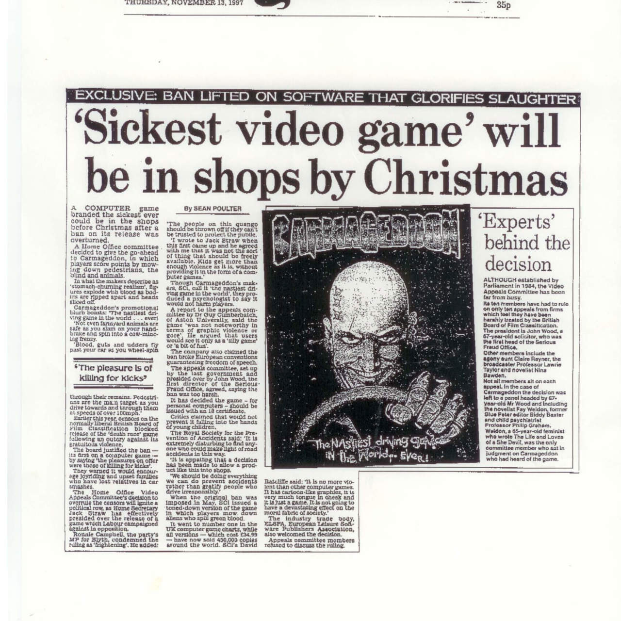 Image of a newspaper with the headline "Sickest video game" will be in shops by Christmas